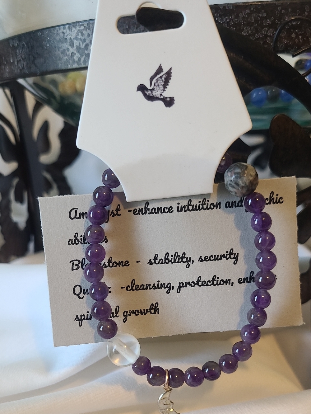Grey Dove Creations Handmade Amethyst Beaded Stretch Bracelet with Moon Charm